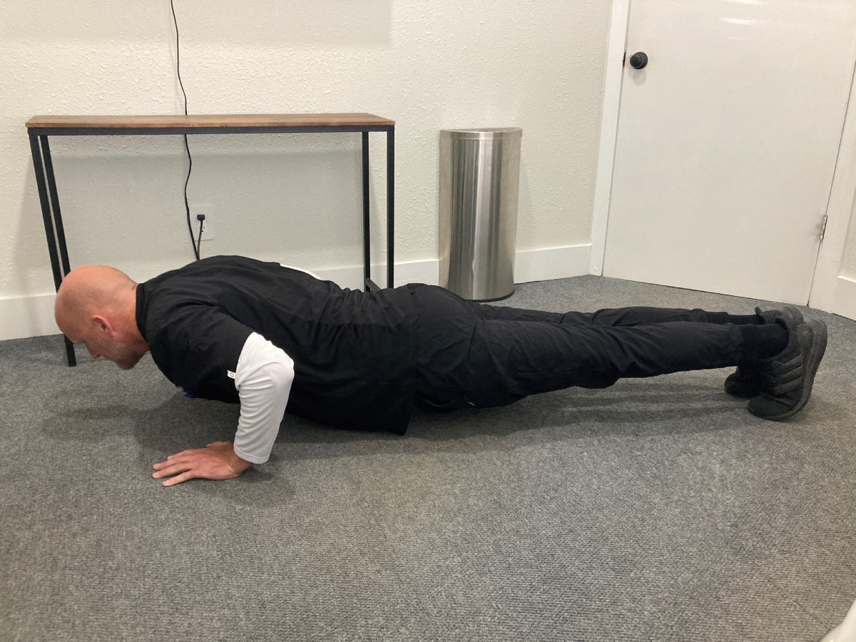 Image of Dr. Daniel Murray: A man is standing up straight, with his hands in a plank pose with his back flat and arms at 90 degree angle.